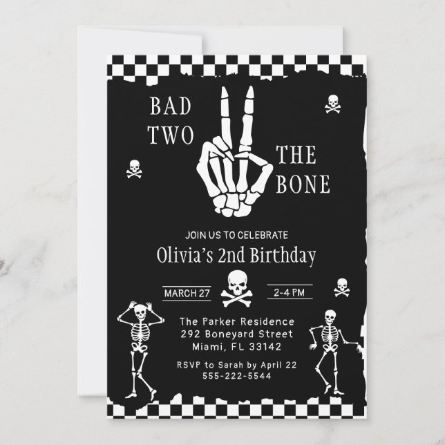 Invitation Skull Skeleton Bad to the Bone 2nd Birthday  (Devant)