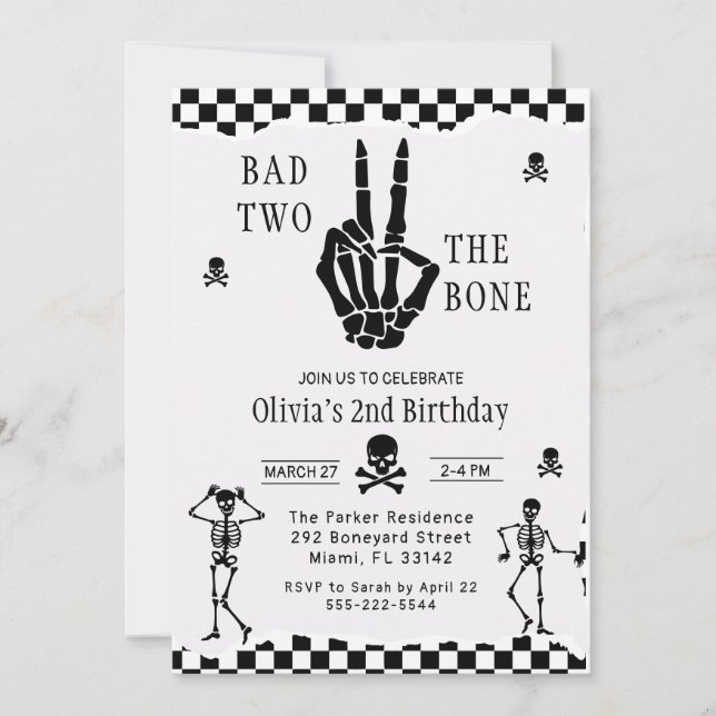 Invitation Skull Skeleton Bad to the Bone 2nd Birthday  (Devant)