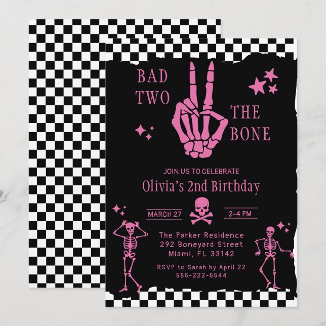 Invitation Skull Skeleton Bad to the Bone 2nd Birthday  (Devant / Derrière)