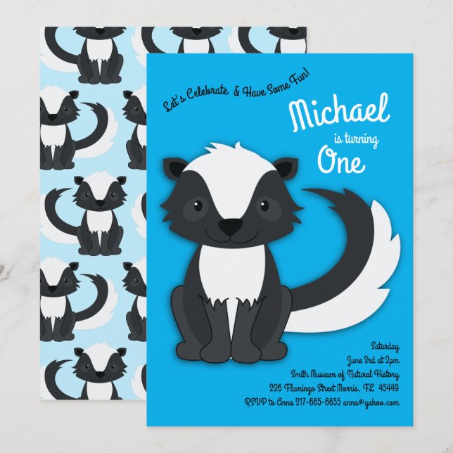 Invitation Skunk Cute Kids 1er Anniversaire Party Blue Boys (Devant / Derrière)