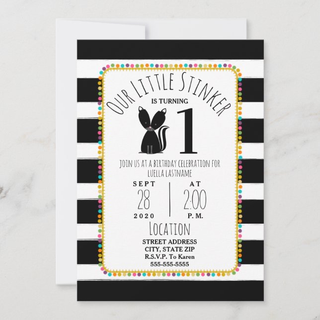 Invitation Skunk Little Stinker Pompom Stripes Anniversaire (Devant)