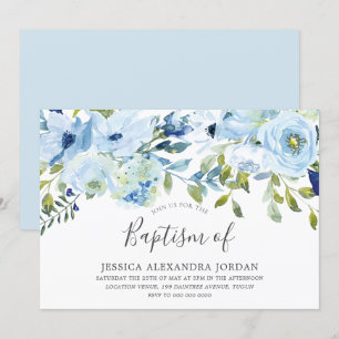 Invitation Sky Blue Aquarelle Fleurs Baptême Christening