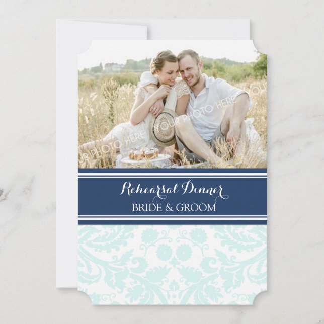 Invitation Sky Blue Damask Photo Rehearal Diner Party (Devant)