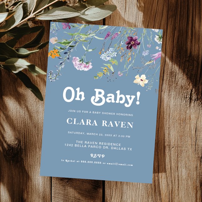 Invitation Sky Blue Fleur sauvage Oh Baby Baby shower (Créateur téléchargé)