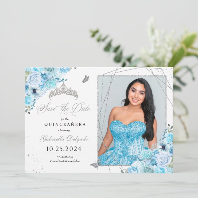 Invitation Sky Blue & Silver Quinceañera Enregistrer La Date  (Debout devant)
