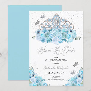 Invitation Sky Blue & Silver Tiara Enregistrer La Date Quince