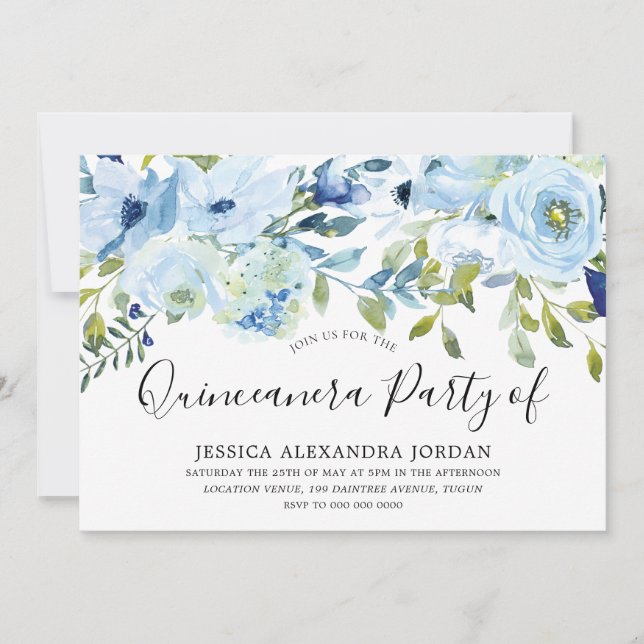 Invitation Sky Blue Watercolor Flowers Quinceanera Party (Devant)