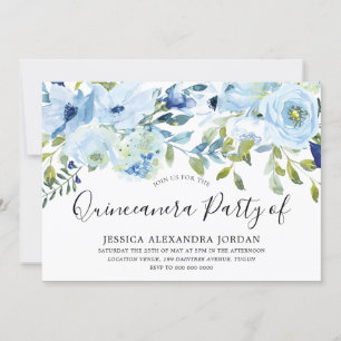 Invitation Sky Blue Watercolor Flowers Quinceanera Party