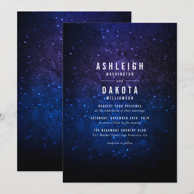 Invitation Sky et étoiles brillantes de minuit| Mariage Galax (Devant / Derrière)