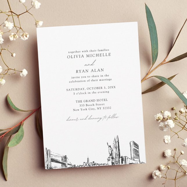Invitation Skyline moderne Noir & Blanc New York City Mariage (Modern Skyline Black & White New York City Wedding Invitation)