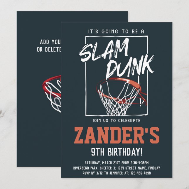 Invitation Slam Dunk Basketball fête d'anniversaire, tout âge (Devant / Derrière)