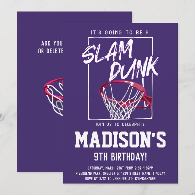 Invitation Slam Dunk Basketball violet fête d'anniversaire n' (Devant / Derrière)