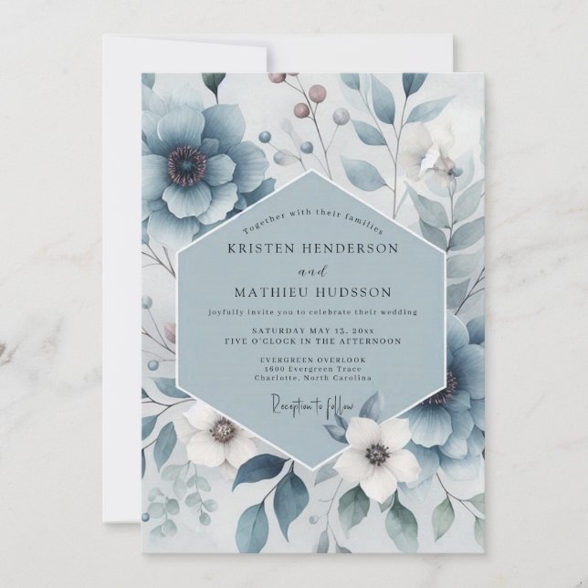 Invitation Slate Blue Floral Harmony Wedding (Devant)