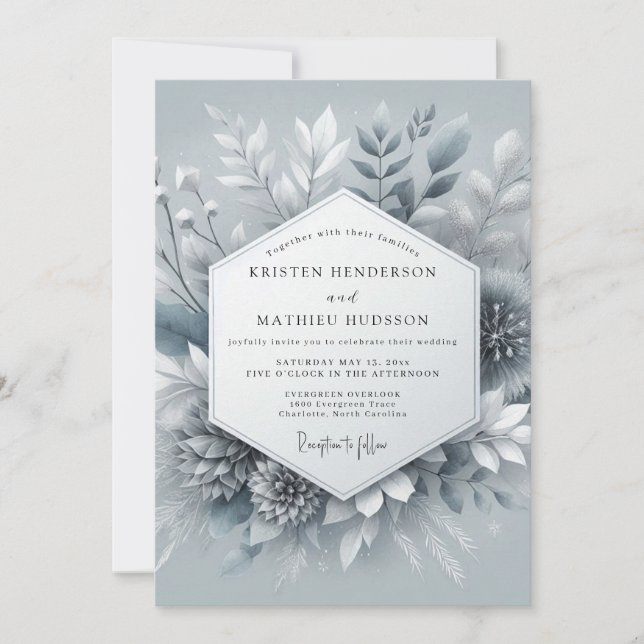 Invitation Slate Blue Icy Botanical Wedding (Devant)