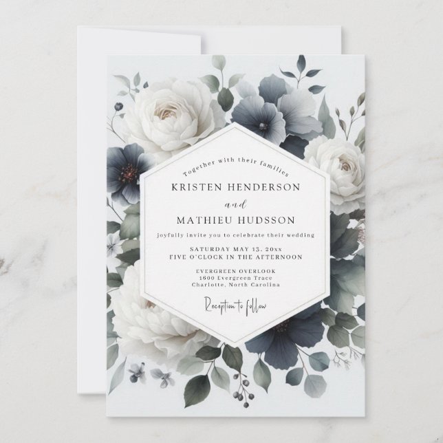 Invitation Slate Blue Painterly Flora Wedding (Devant)