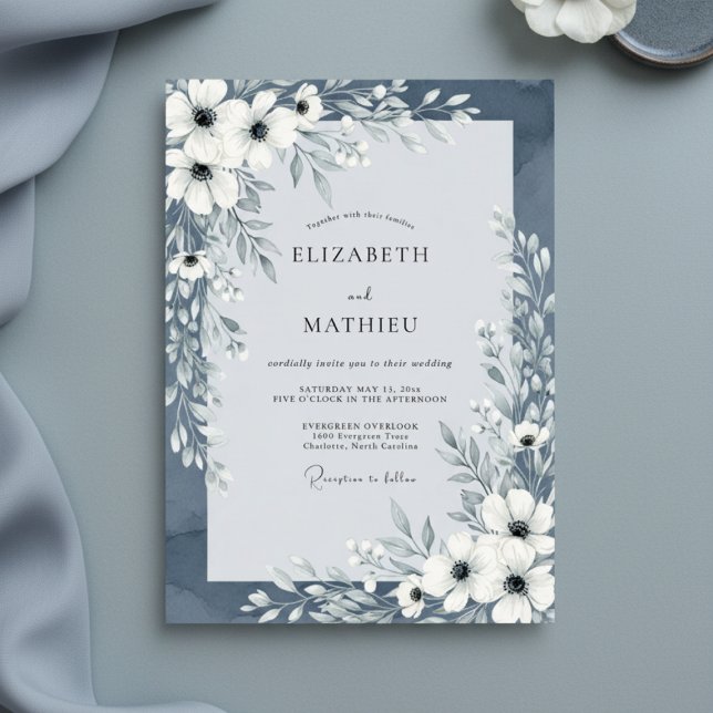 Invitation Slate Blue Painterly Floral Wedding (Créateur téléchargé)