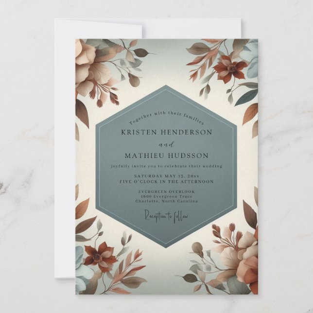 Invitation Slate Blue Rustic Bloom Wedding (Devant)