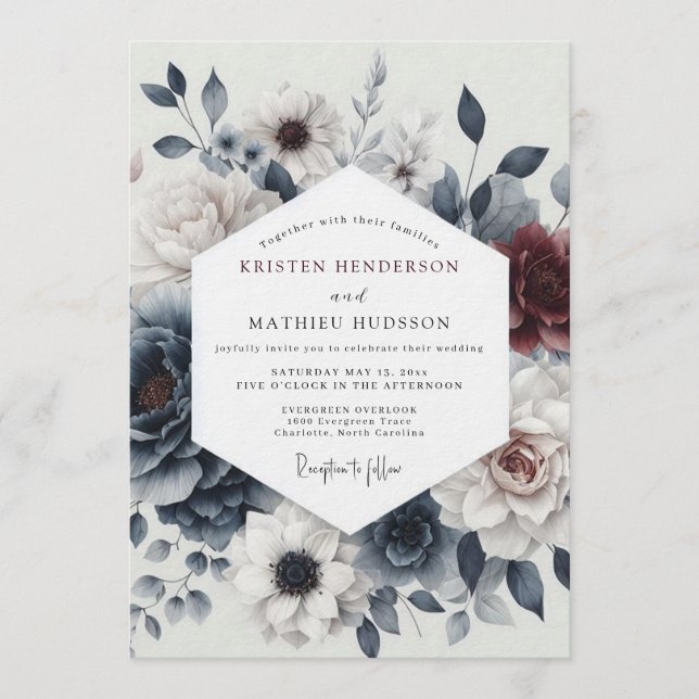 Invitation Slate Burgundy Moody Bloom Wedding (Devant)