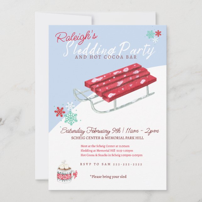 Invitation Sledding Hot Cocoa Kids hiver Anniversaire Invitat (Devant)
