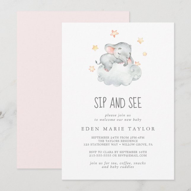 Invitation Sleeping Little Elephant Baby Girl Sip and See (Devant / Derrière)