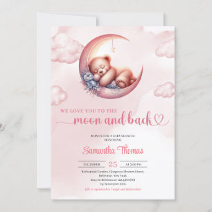Invitation Sleeping Teddy ours lune et dos fille baby shower
