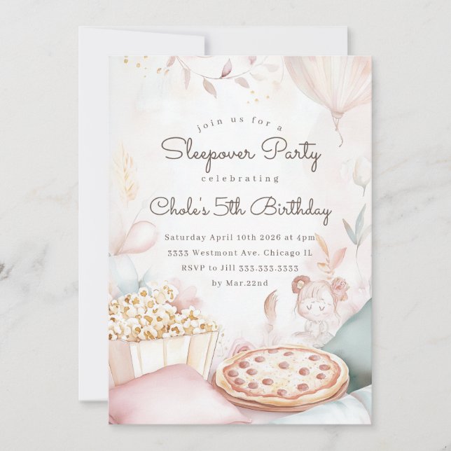 Invitation Sleepover Anniversaire Soirée cinéma Fille anniver (Devant)