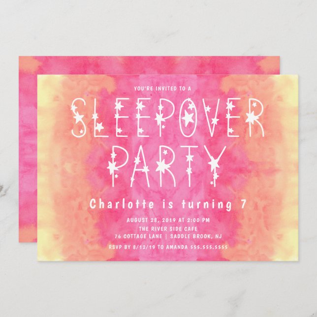 Invitation Sleepover étoilé de filles d'aquarelle rose orange (Devant / Derrière)