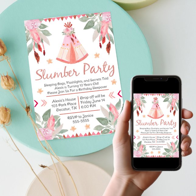 Invitation Sleepover Fille de la fête du bois rose Teepee Ann (Sleepover Slumber Party Girl Pink Teepee Birthday Invitation)