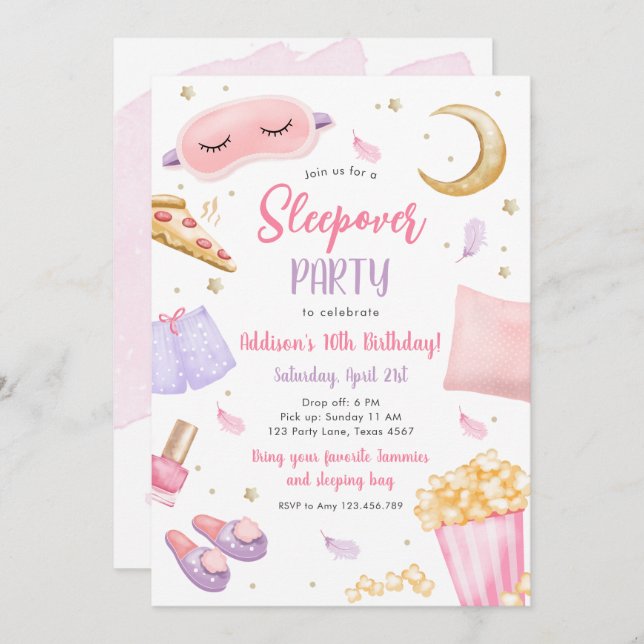 Invitation Sleepover Fille Spa rose Anniversaire Inv (Devant / Derrière)