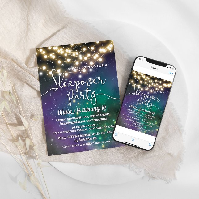 Invitation Sleepover Party Galaxy Blue Purple Stars Anniversa (Créateur téléchargé)