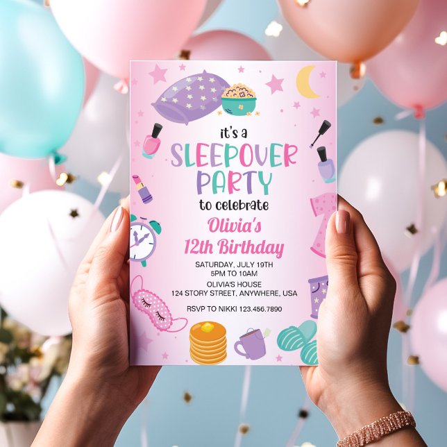 Invitation Sleepover soirée rose violet entre (Créateur téléchargé)