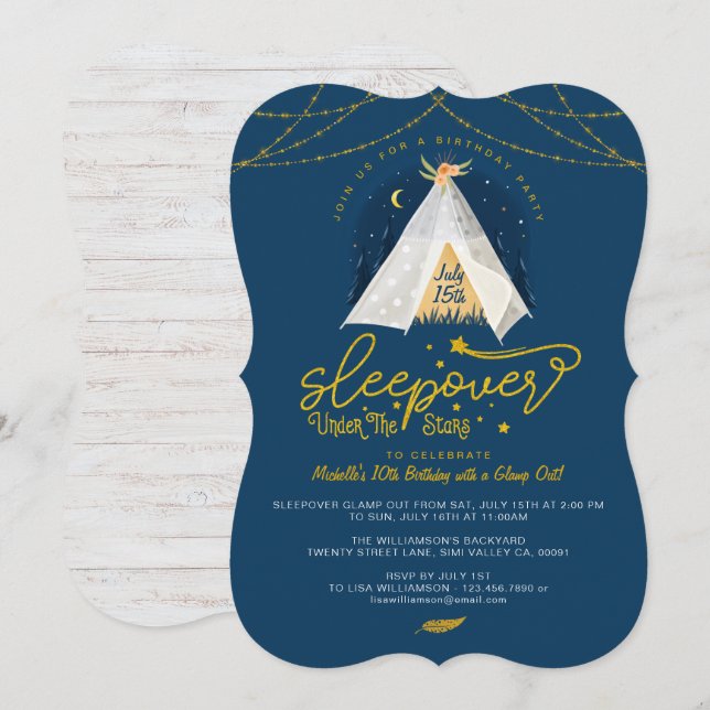 Invitation Sleepover Under the Stars Tepee Navy Gold Birthday (Devant / Derrière)