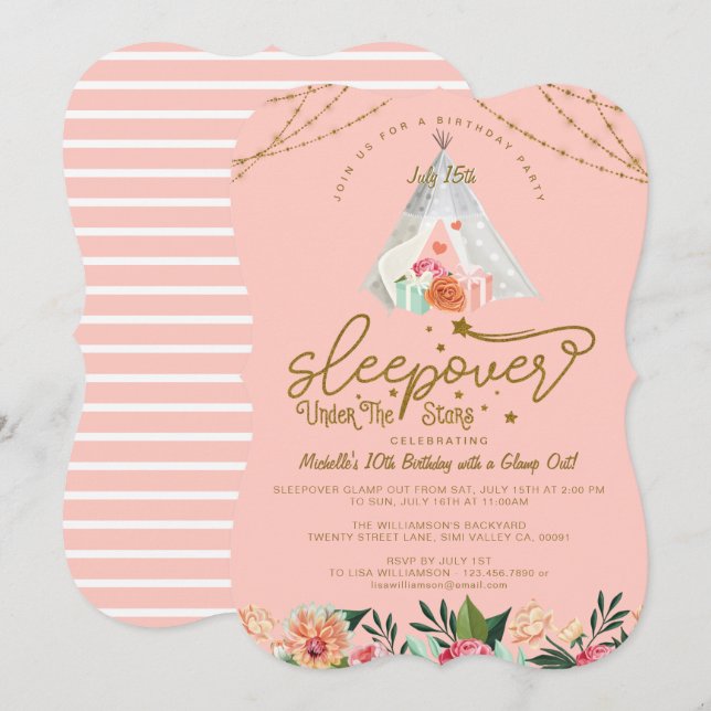 Invitation Sleepover Under the Stars Tepee Pink Gold Annivers (Devant / Derrière)