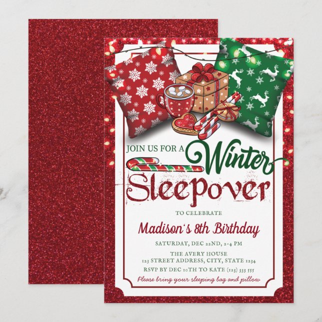 Invitation Slepover d'hiver Fête d'anniversaire Parties scint (Devant / Derrière)