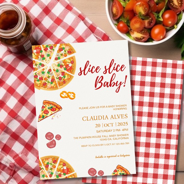 Invitation Slice Baby plaid rouge Pizza baby shower (Créateur téléchargé)