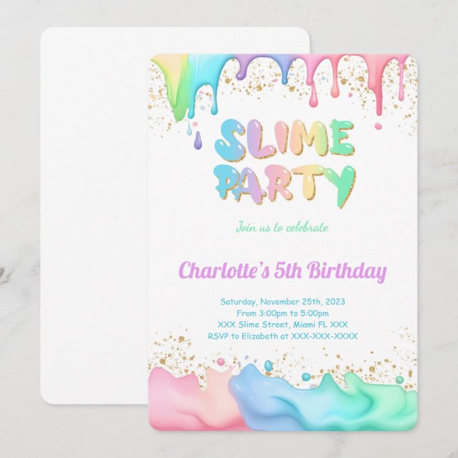 Invitation Slime fête d'anniversaire (Devant / Derrière)