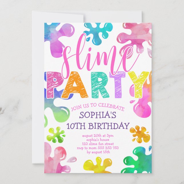 Invitation Slime Party fille Anniversaire Arc-en-ciel coloré (Devant)