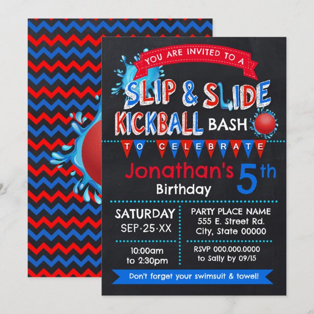 Invitation Slip et Slide Kickball Anniversaire Rouge Blanc Bl (Devant / Derrière)