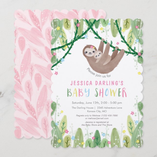 Invitation Sloth Baby Girl Douche Jungle Thème (Devant / Derrière)