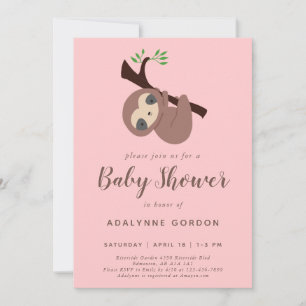 Invitation Sloth Baby shower Girl rose Brown mignonne