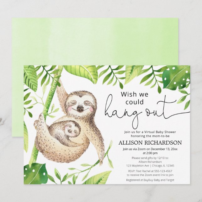 Invitation Sloth baby shower virtuel sexe neutre mignonne (Devant / Derrière)