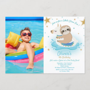 Invitation Sloth et Llama Pool Party Birthday Boy Photo