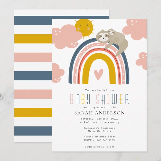 Invitation Sloth Maman & Baby avec Happy Rainbow Baby shower (Devant / Derrière)