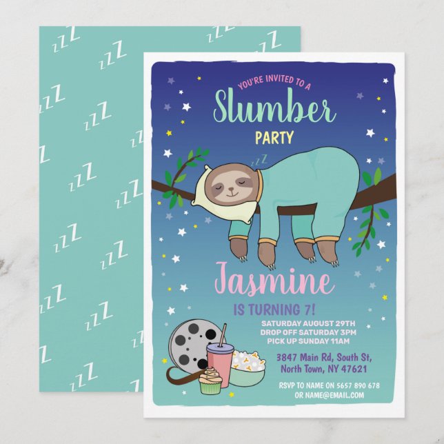 Invitation Sloth Stwood Party Anniversaire Films Turquoises P (Devant / Derrière)