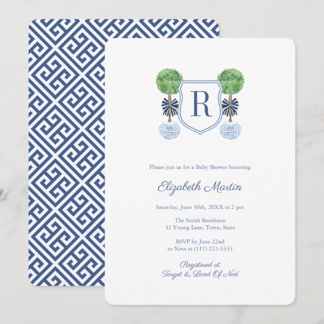 Invitation Smart Boxwood Monogram Crest Boy Baby shower Party (Devant / Derrière)