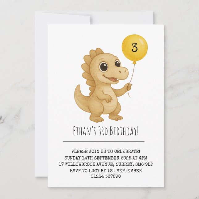 Invitation Smiling Beige Dinosaur Yellow Balloon Birthday (Devant)