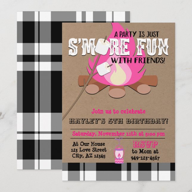Invitation S'more fun Camp fire Pink plaid Girl's Birthday (Devant / Derrière)