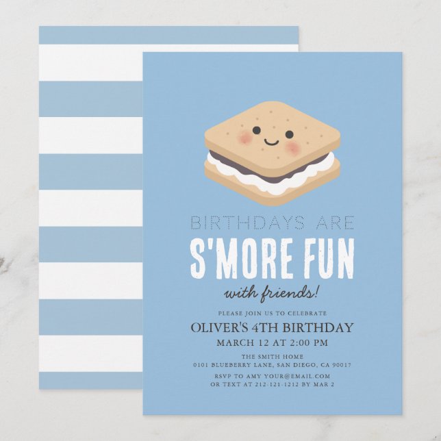 Invitation S'more Fun Kawaii Blue Kids Boy Anniversaire (Devant / Derrière)