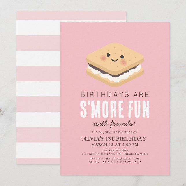 Invitation S'more Fun Kawaii Rose fille 1er anniversaire (Devant / Derrière)