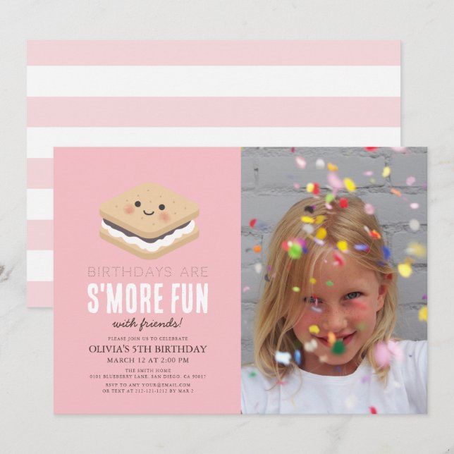Invitation S'more Fun Kawaii Rose Girl Birthday Photo (Devant / Derrière)